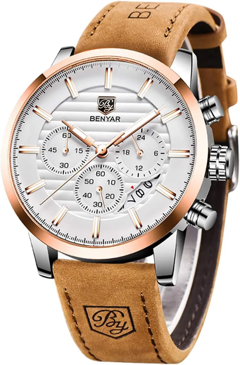 Sport Design Leather tear epidermis characterize extension Band Strap Wrist Watch for Men BENYAR Quartz Chronograph Waterproof Watches Business and 