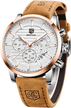 Sport Design Leather tear epidermis characterize extension Band Strap Wrist Watch for Men BENYAR Quartz Chronograph Waterproof Watches Business and 