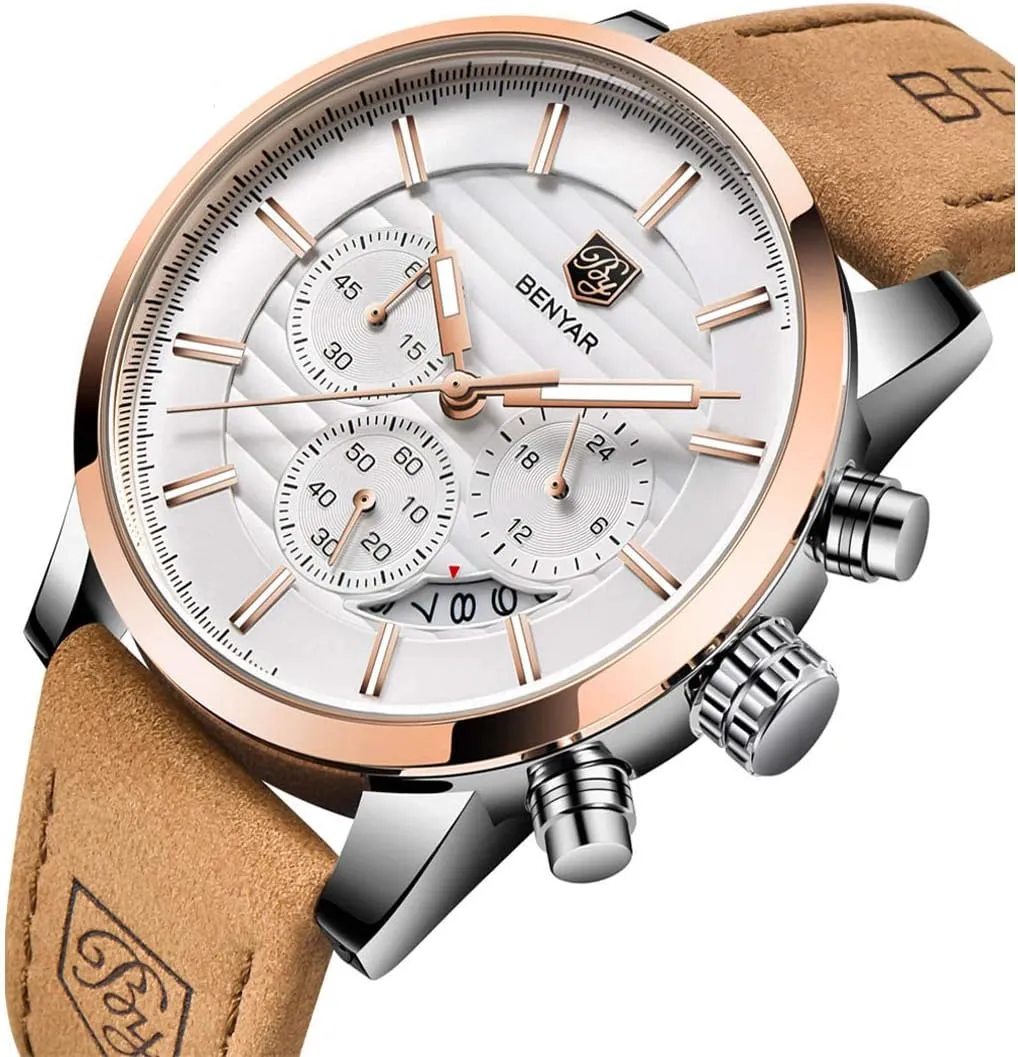 Sport Design Leather tear epidermis characterize extension Band Strap Wrist Watch for Men BENYAR Quartz Chronograph Waterproof Watches Business and 