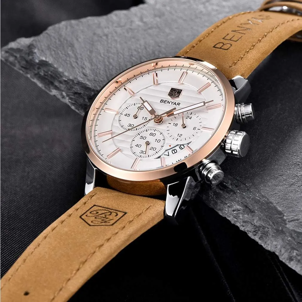 Sport Design Leather tear epidermis characterize extension Band Strap Wrist Watch for Men BENYAR Quartz Chronograph Waterproof Watches Business and 