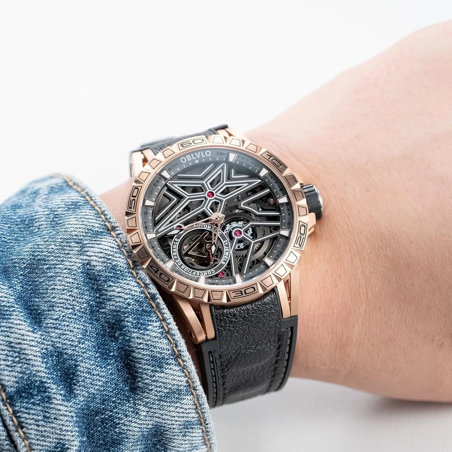 Sport Design Luxury Automatic Skeleton Watch, birthday Black Case with Red Leather Band, 
