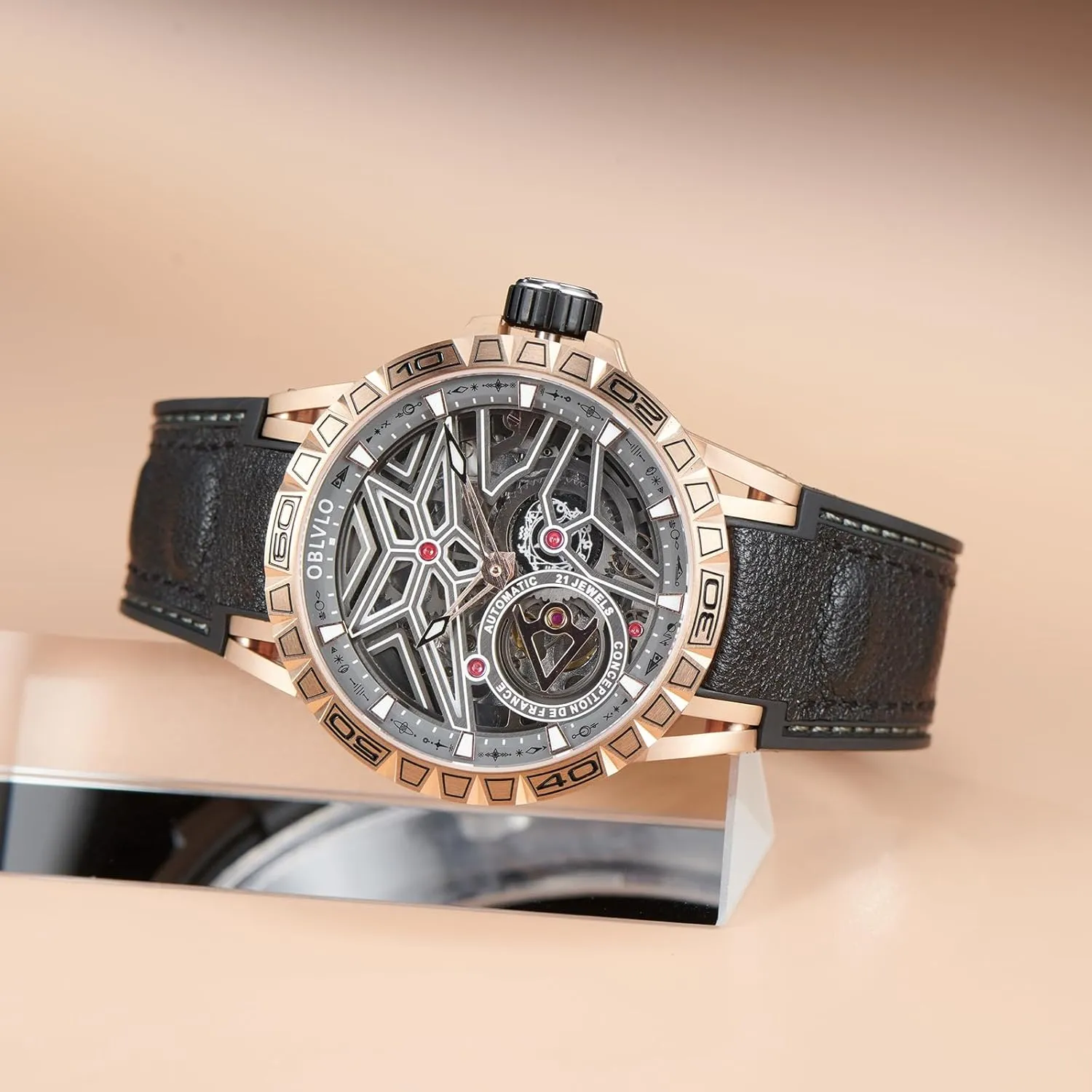 Sport Design Luxury Automatic Skeleton Watch, birthday Black Case with Red Leather Band, 
