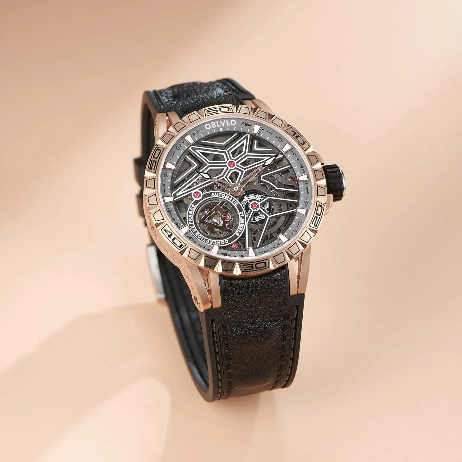 Sport Design Luxury Automatic Skeleton Watch, birthday Black Case with Red Leather Band, 