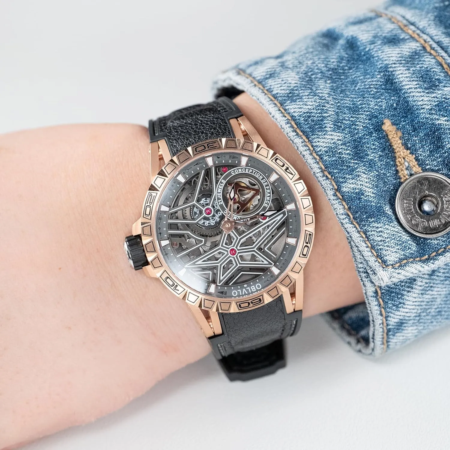 Sport Design Luxury Automatic Skeleton Watch, birthday Black Case with Red Leather Band, 
