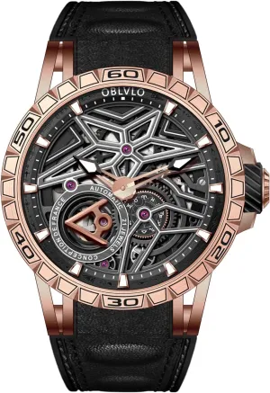 Sport Design Luxury Automatic Skeleton Watch, birthday Black Case with Red Leather Band, 