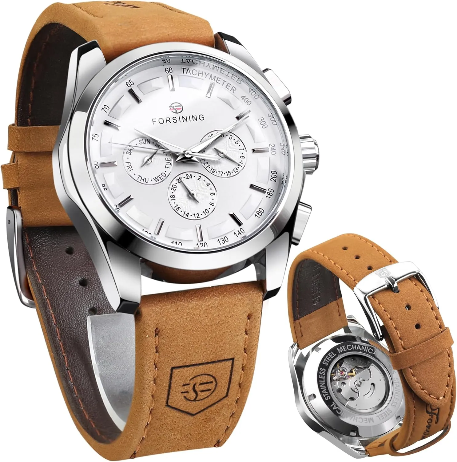 Sport Watch, Luxury Genuine Leather Strap Fashion rainbow eke layman drain regulatory Automatic Mechanical Skeleton Watch Mens Watches FORSINING Men's Transparent 