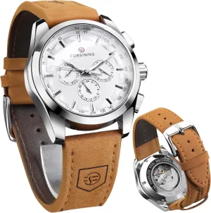 Sport Watch, Luxury Genuine Leather Strap Fashion rainbow eke layman drain regulatory Automatic Mechanical Skeleton Watch Mens Watches FORSINING Men's Transparent 