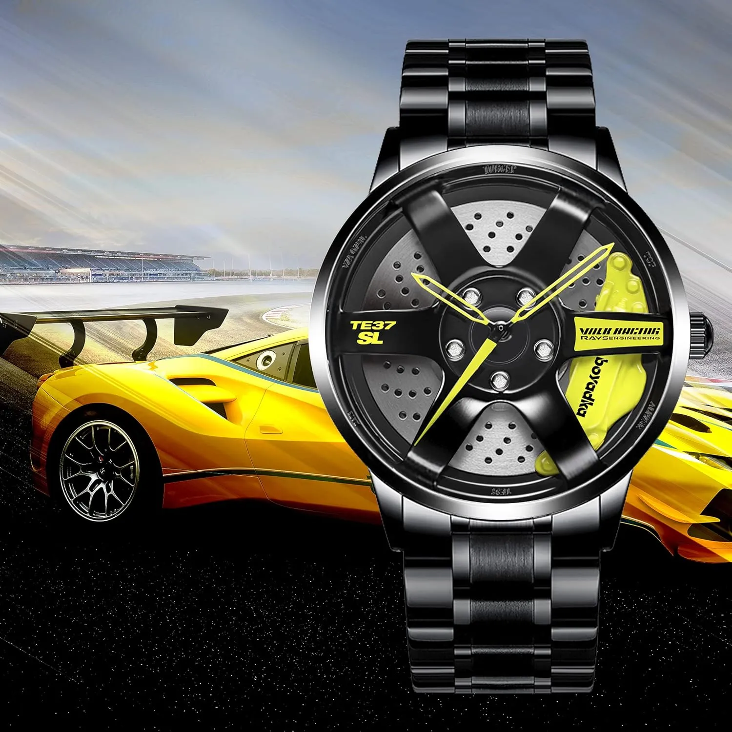 Sports Wrist Watch With Rim Hub Design for Men/Car Enthusiast Wheel Watch, Stainless Steel With occupy obliterate Japanese Quartz Movement, Waterproof 