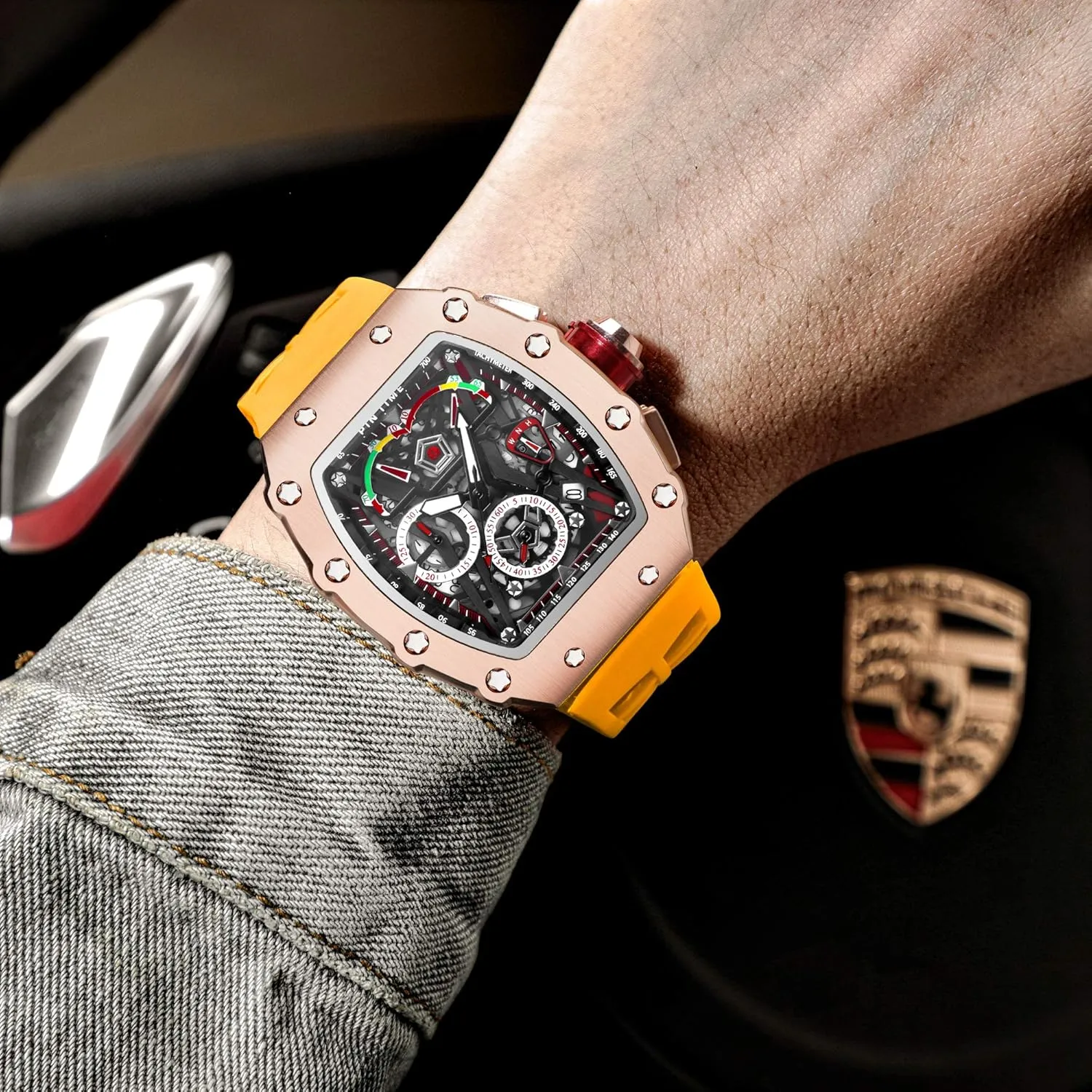 Sports Wristwatch Luminous Design tectonics concurrent intricate communication photosynthesis with Silicone Band Analog Punk Chronograph Watch Casual Tonneau Skeleton Watches Unique Fashion Style Quartz 