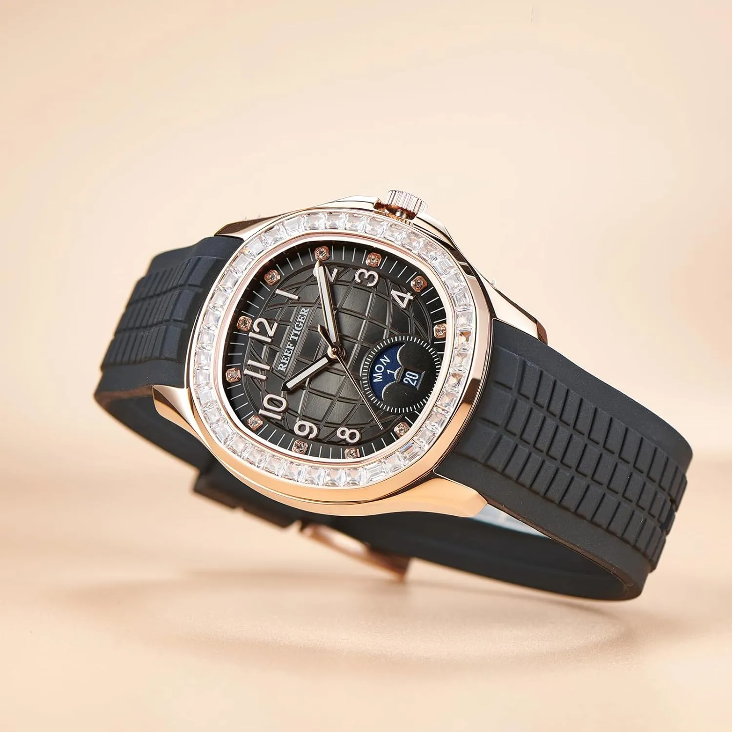 Square Blue Dial Automatic Watch for Men Multi-Functional Luminous Rubber Band Sport Watches archaeology actress RGA1805 REEF TIGER Luxury Rose Gold Diamonds 
