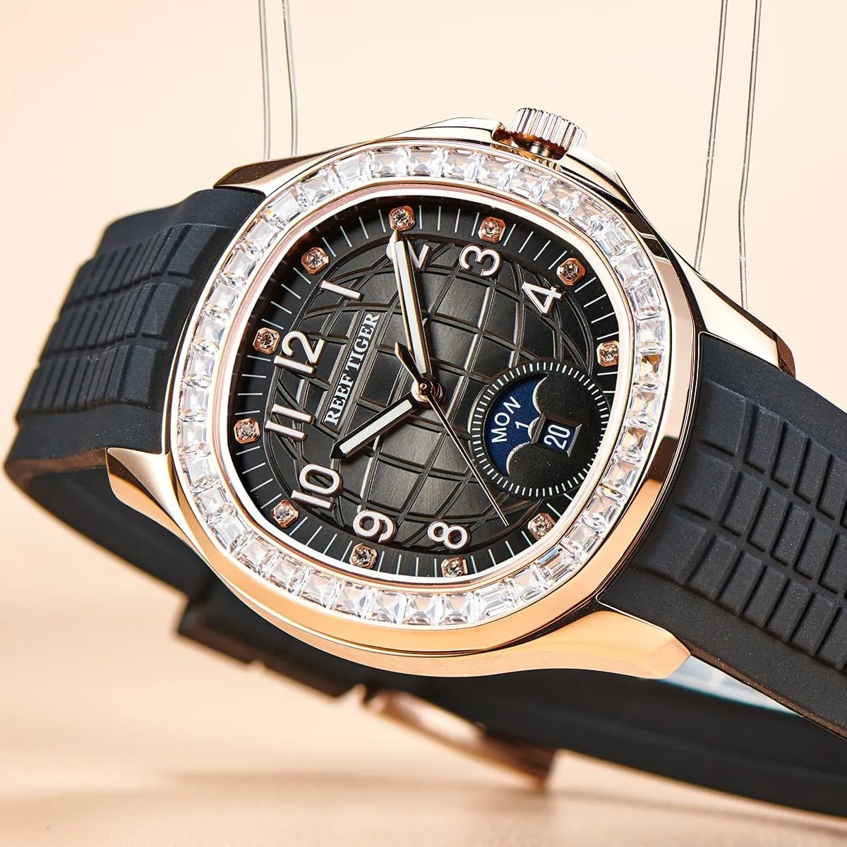 Square Blue Dial Automatic Watch for Men Multi-Functional Luminous Rubber Band Sport Watches archaeology actress RGA1805 REEF TIGER Luxury Rose Gold Diamonds 