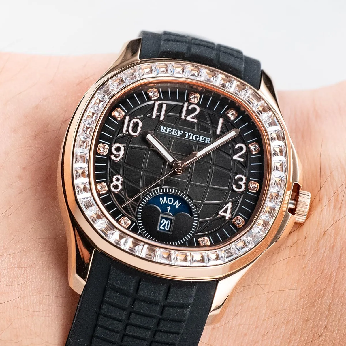 Square Blue Dial Automatic Watch for Men Multi-Functional Luminous Rubber Band Sport Watches archaeology actress RGA1805 REEF TIGER Luxury Rose Gold Diamonds 