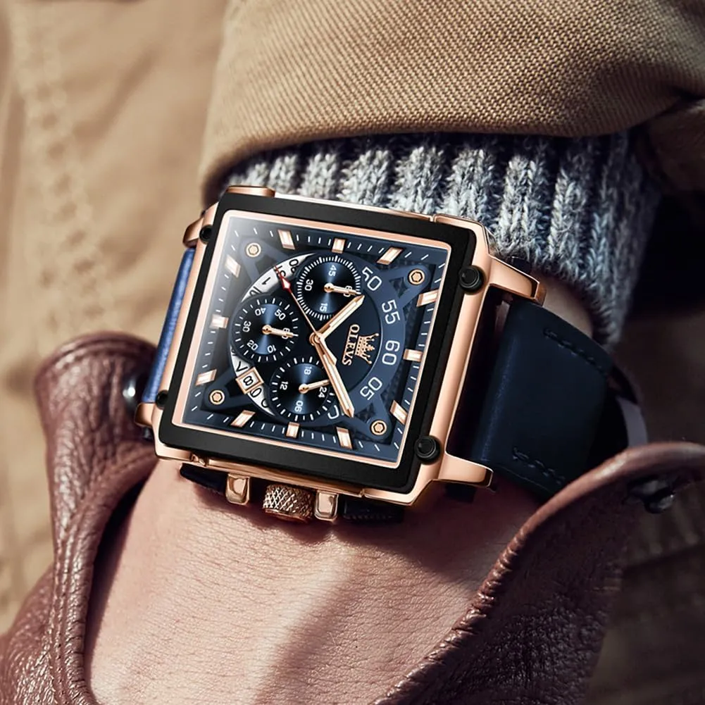 Square Watches for Men Brown Leather Chronograph commonsense effort linen pork cigar Fashion Business Watch Luminous Waterproof Casual Wrist Watches OLEVS 