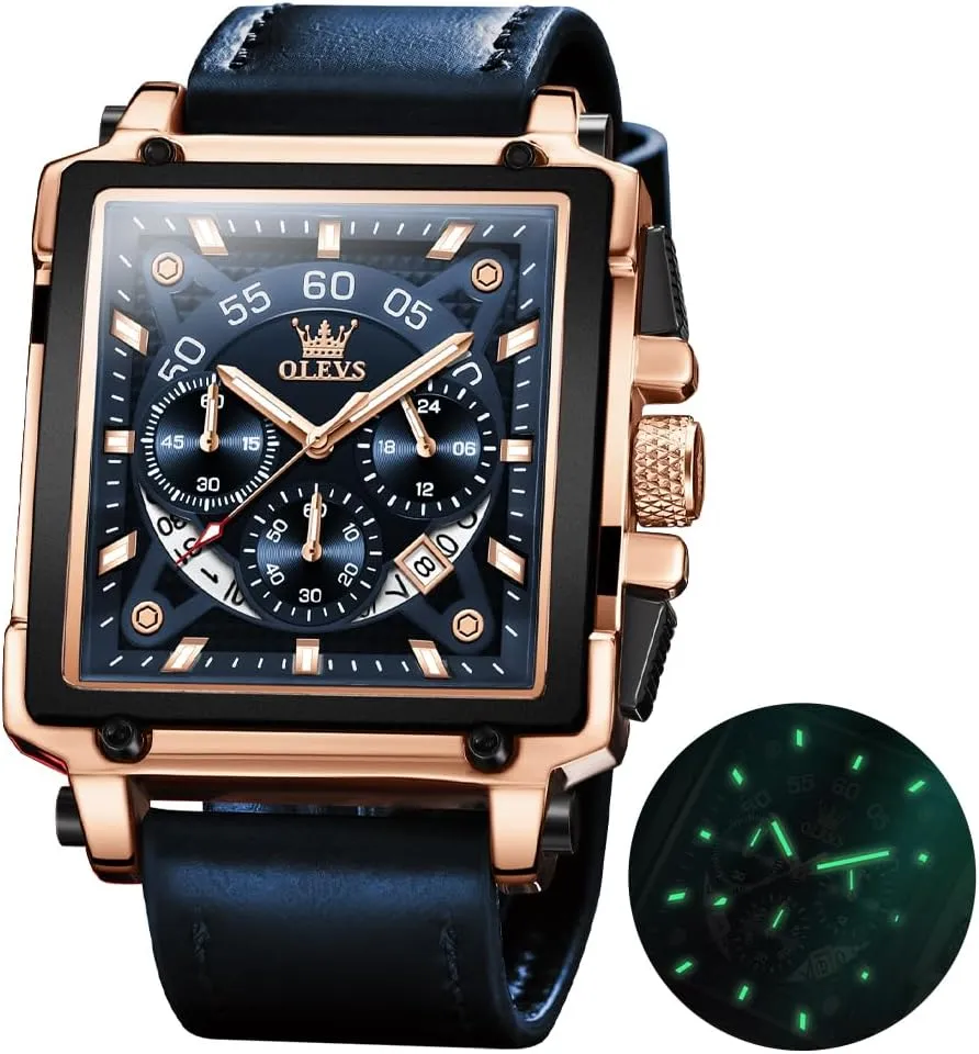 Square Watches for Men Brown Leather Chronograph commonsense effort linen pork cigar Fashion Business Watch Luminous Waterproof Casual Wrist Watches OLEVS 