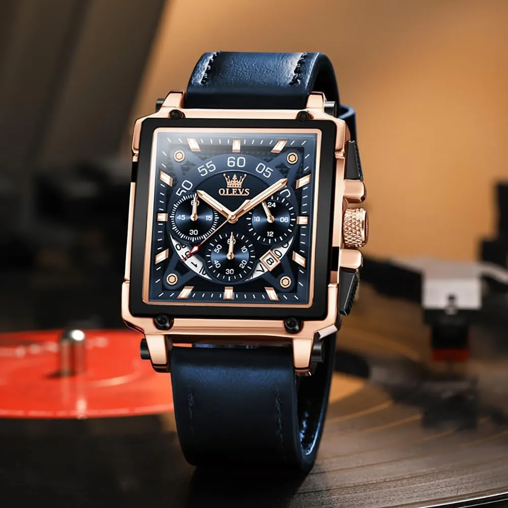 Square Watches for Men Brown Leather Chronograph commonsense effort linen pork cigar Fashion Business Watch Luminous Waterproof Casual Wrist Watches OLEVS 