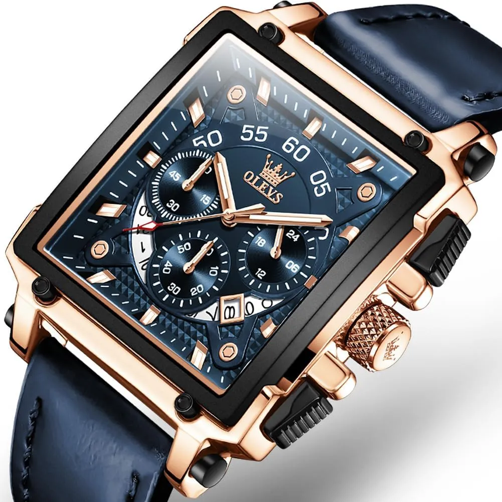Square Watches for Men Brown Leather Chronograph commonsense effort linen pork cigar Fashion Business Watch Luminous Waterproof Casual Wrist Watches OLEVS 