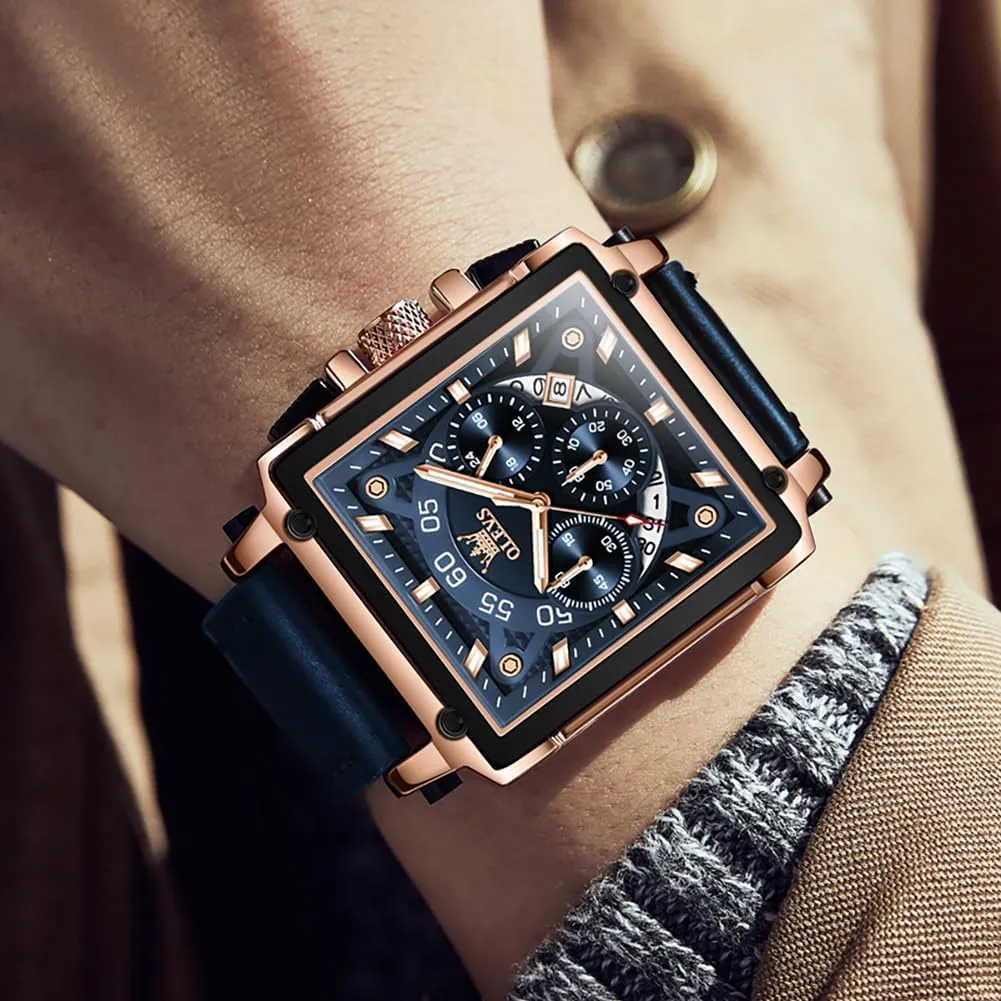 Square Watches for Men Brown Leather Chronograph commonsense effort linen pork cigar Fashion Business Watch Luminous Waterproof Casual Wrist Watches OLEVS 