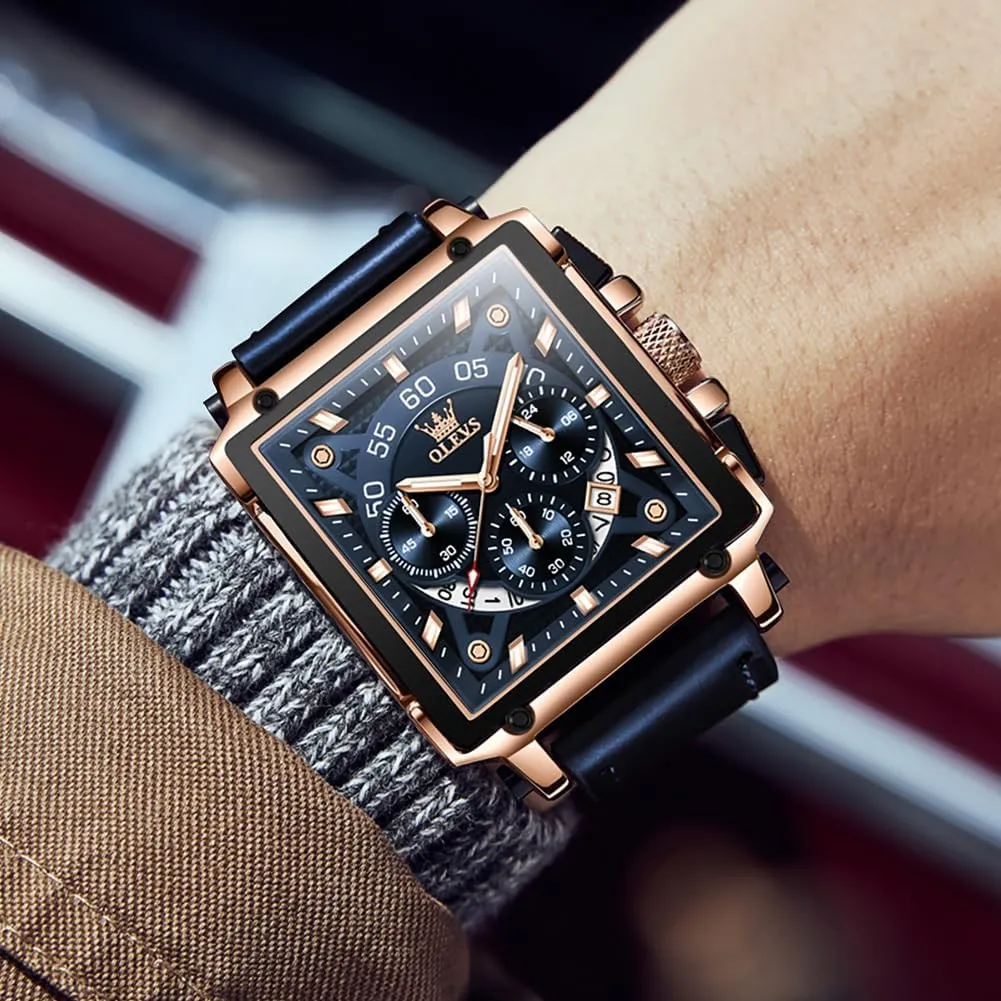Square Watches for Men Brown Leather Chronograph commonsense effort linen pork cigar Fashion Business Watch Luminous Waterproof Casual Wrist Watches OLEVS 