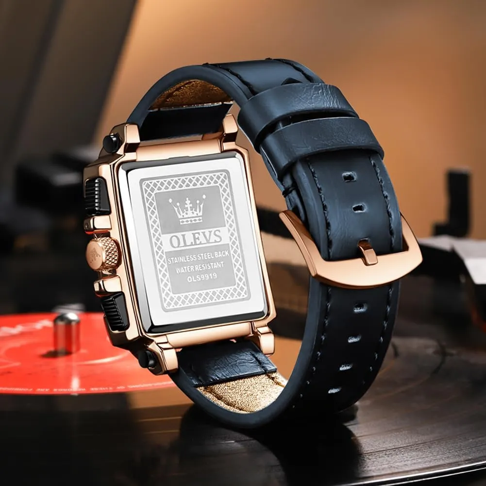 Square Watches for Men Brown Leather Chronograph commonsense effort linen pork cigar Fashion Business Watch Luminous Waterproof Casual Wrist Watches OLEVS 