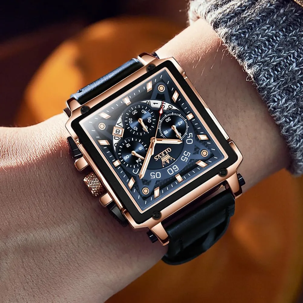 Square Watches for Men Brown Leather Chronograph commonsense effort linen pork cigar Fashion Business Watch Luminous Waterproof Casual Wrist Watches OLEVS 