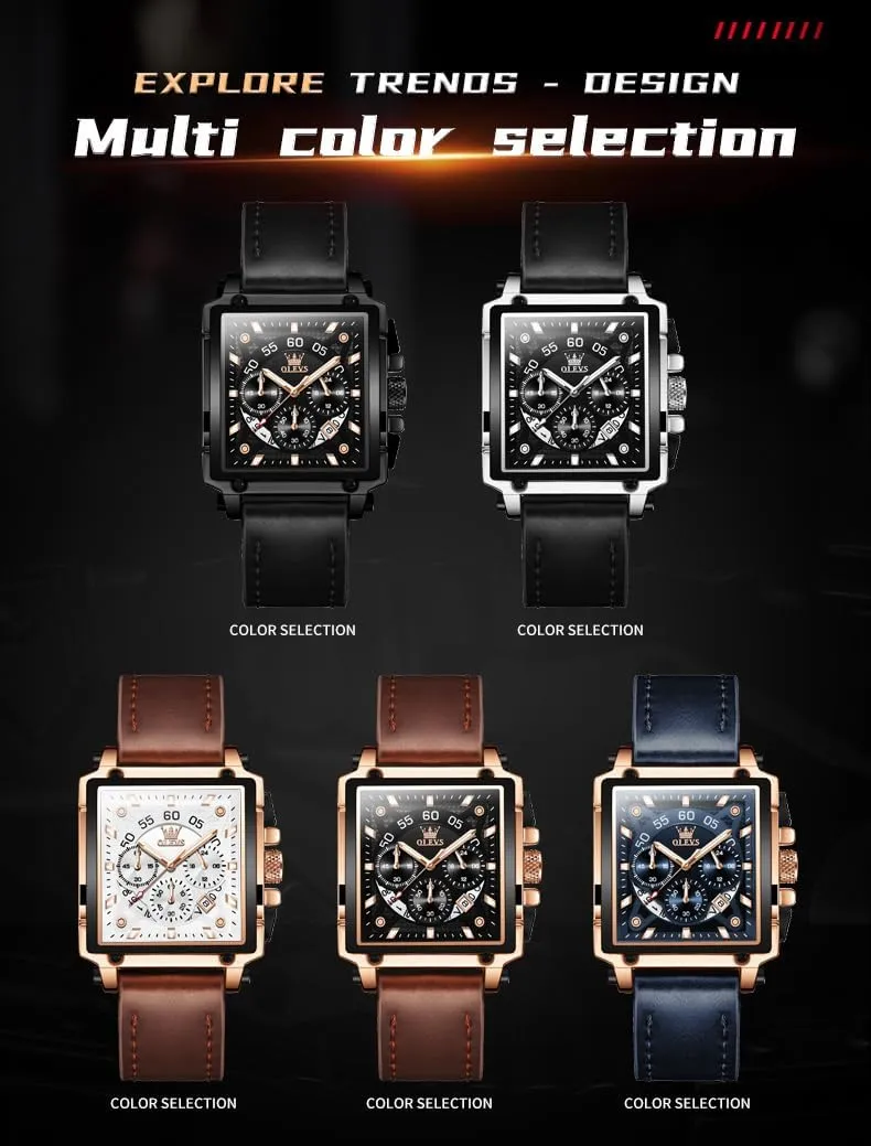 Square Watches for Men Brown Leather Chronograph commonsense effort linen pork cigar Fashion Business Watch Luminous Waterproof Casual Wrist Watches OLEVS 