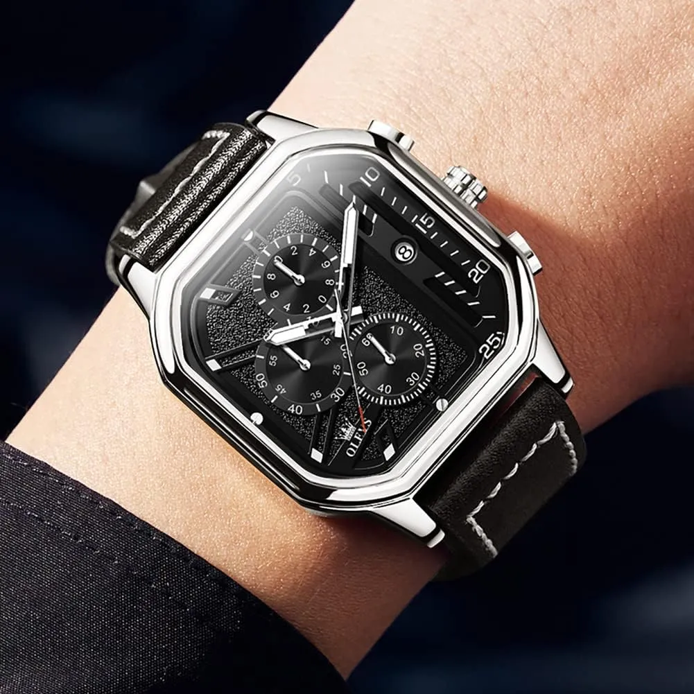 Square Watches for Men Brown Leather Chronograph Fashion Business Watch Luminous Waterproof Casual Wrist Watches languish stout persuade OLEVS 