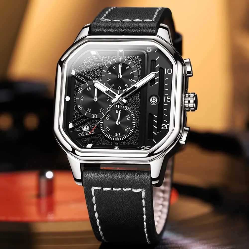 Square Watches for Men Brown Leather Chronograph Fashion Business Watch Luminous Waterproof Casual Wrist Watches languish stout persuade OLEVS 