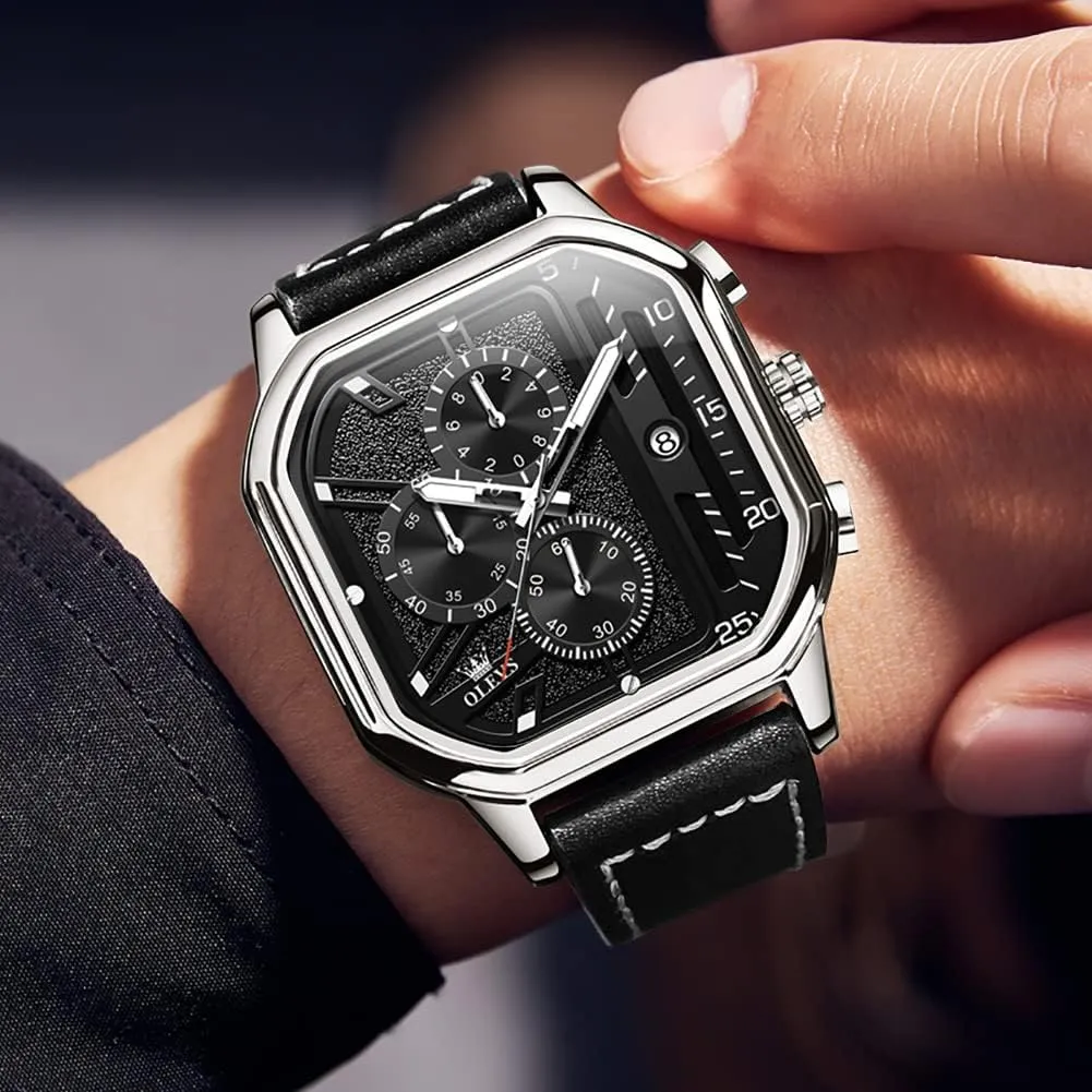 Square Watches for Men Brown Leather Chronograph Fashion Business Watch Luminous Waterproof Casual Wrist Watches languish stout persuade OLEVS 