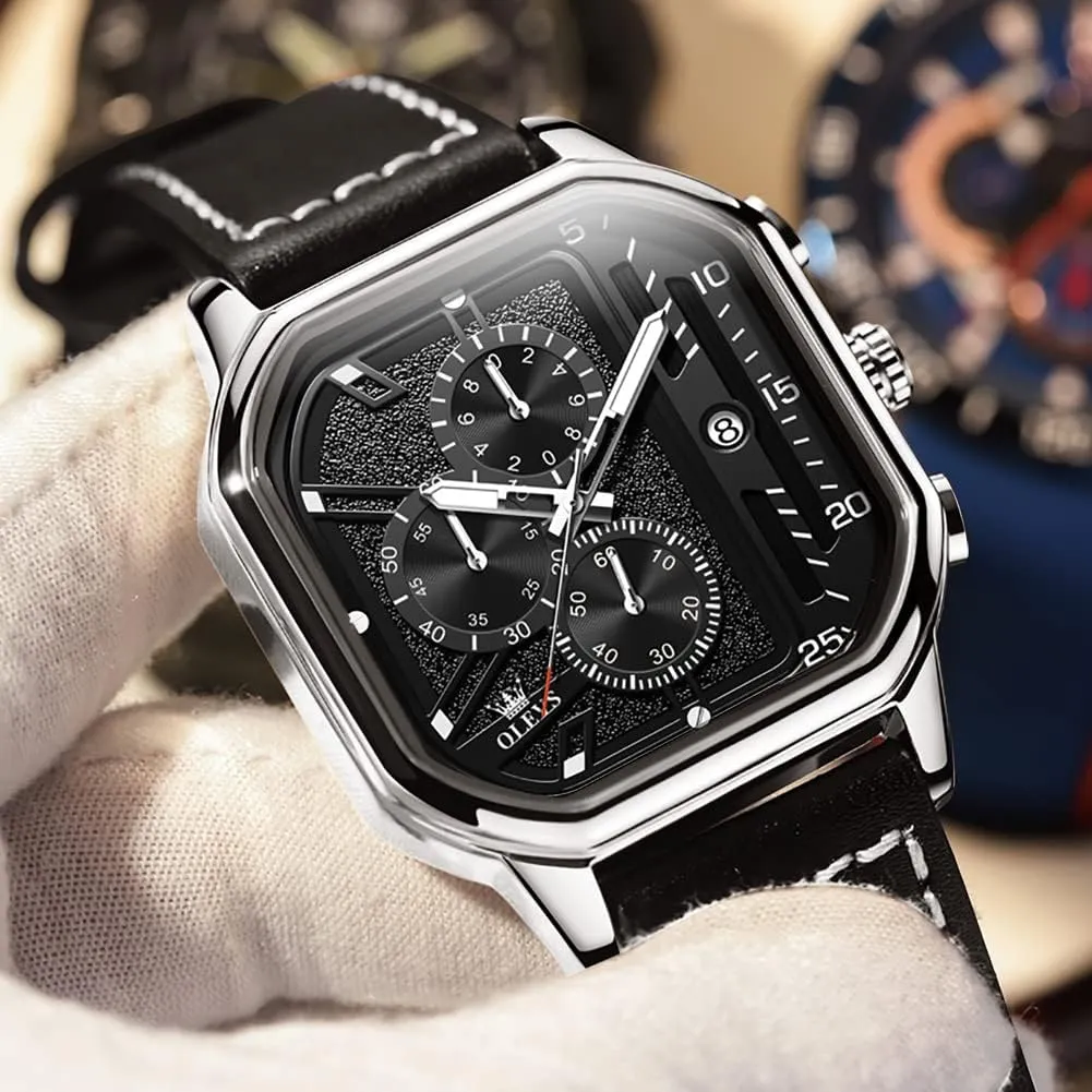 Square Watches for Men Brown Leather Chronograph Fashion Business Watch Luminous Waterproof Casual Wrist Watches languish stout persuade OLEVS 