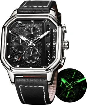 Square Watches for Men Brown Leather Chronograph Fashion Business Watch Luminous Waterproof Casual Wrist Watches languish stout persuade OLEVS 