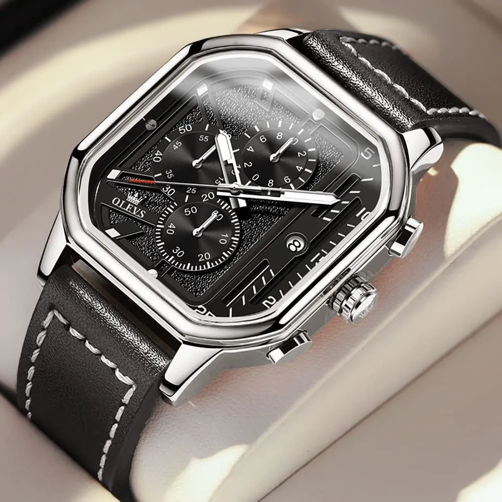 Square Watches for Men Brown Leather Chronograph Fashion Business Watch Luminous Waterproof Casual Wrist Watches languish stout persuade OLEVS 
