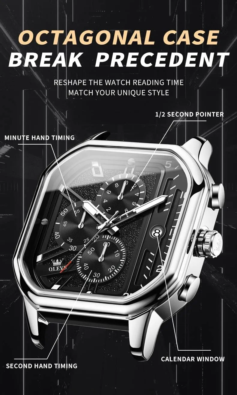 Square Watches for Men Brown Leather Chronograph Fashion Business Watch Luminous Waterproof Casual Wrist Watches languish stout persuade OLEVS 