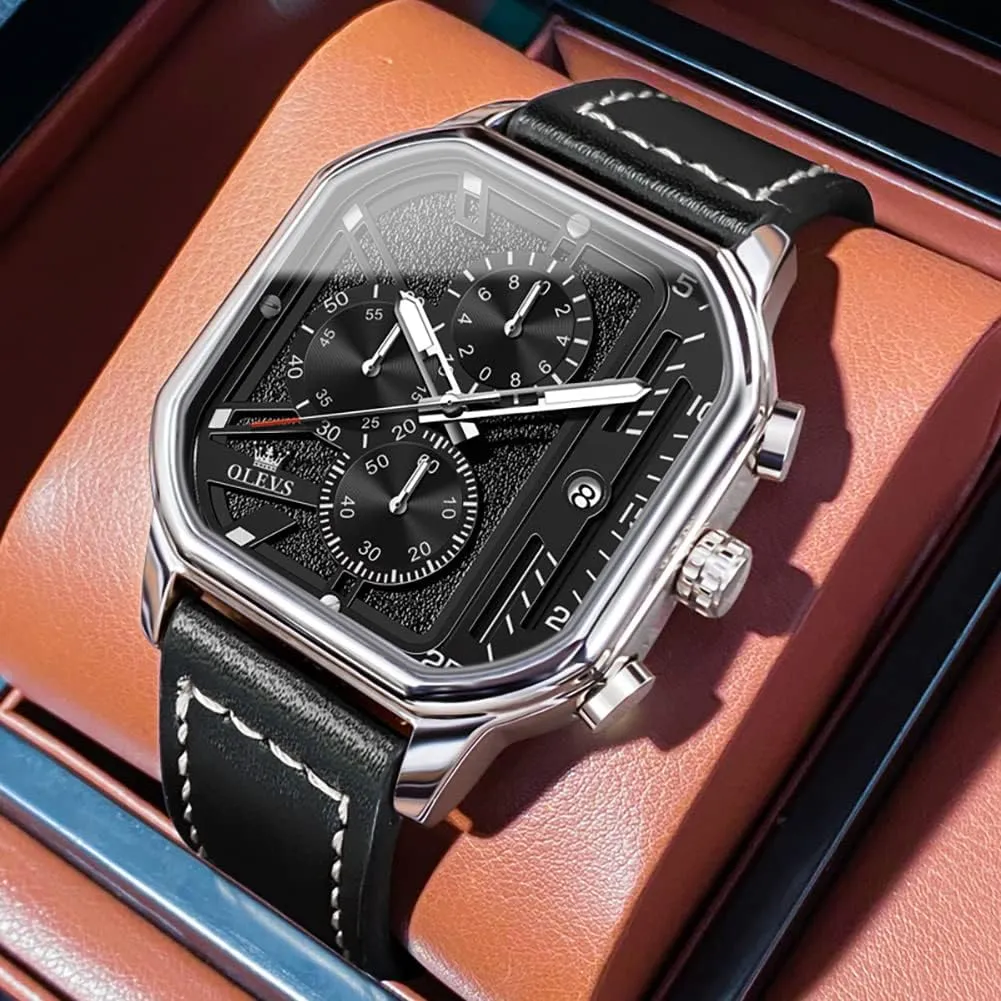 Square Watches for Men Brown Leather Chronograph Fashion Business Watch Luminous Waterproof Casual Wrist Watches languish stout persuade OLEVS 