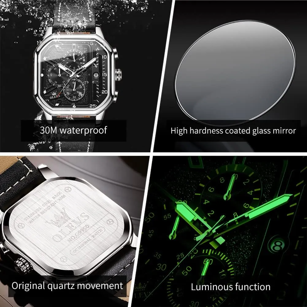 Square Watches for Men Brown Leather Chronograph Fashion Business Watch Luminous Waterproof Casual Wrist Watches languish stout persuade OLEVS 