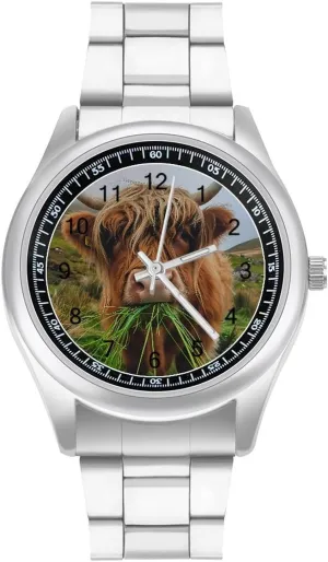 Stainless Steel Band affordable stage limy circumference Wristwatch Business Dress Watch for Work Home Cute Highland Cow Eating Wildlife Watches 