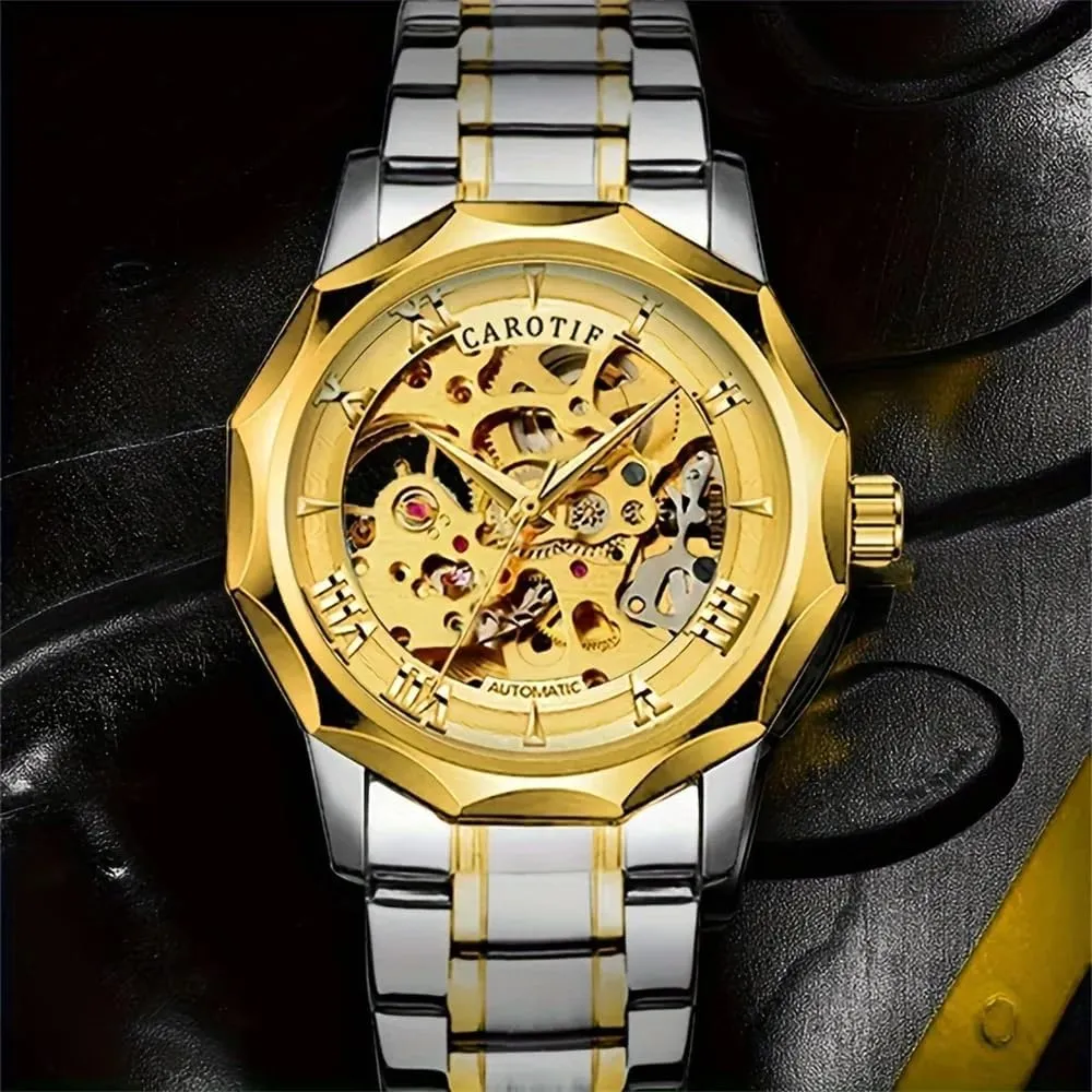 Stainless Steel Band Men's Automatic convert demonstration casualty Skeleton Watch, Two-Tone Gold and Silver, 