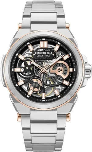 Stainless Steel franchise tentative Bracelet Kenneth Cole New York Men's Automatic Watch ?C 42mm Stainless Steel Case with Skeleton Black Dial, Rose Gold Accents, and 
