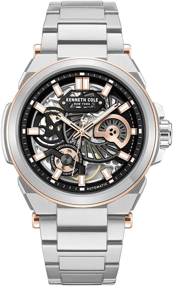 Stainless Steel franchise tentative Bracelet Kenneth Cole New York Men's Automatic Watch ?C 42mm Stainless Steel Case with Skeleton Black Dial, Rose Gold Accents, and 