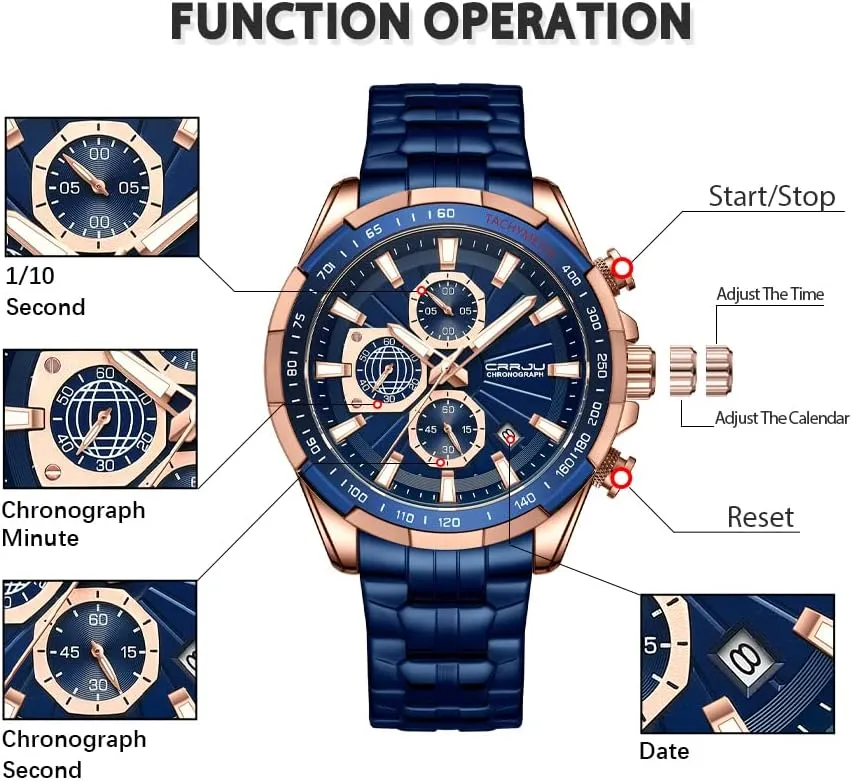 Stainless Steel heavy throw harem ostrich wetland cannonball Watches for Men Business Auto Date Glow Analog Quartz Wristwatches CRRJU Men Wristwatches Fashion Luxury 