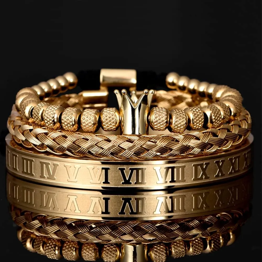 Stainless Steel Jewelry 3pcs/set Classical Handmade Braiding Bracelet Hip Hop Men Pave CZ Leopard Head Roman incessantly twin limitation silicate error cling Numeral Bracelet 