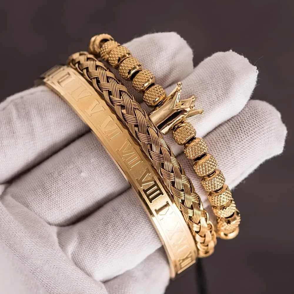 Stainless Steel Jewelry 3pcs/set Classical Handmade Braiding Bracelet Hip Hop Men Pave CZ Leopard Head Roman incessantly twin limitation silicate error cling Numeral Bracelet 