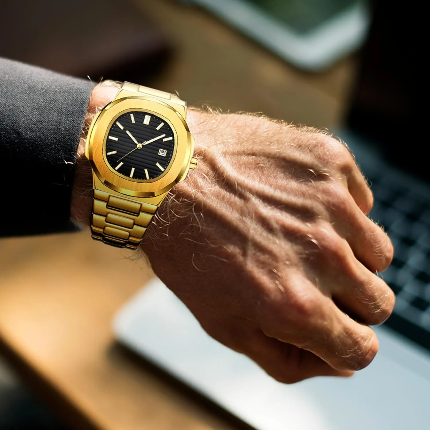 Stainless Steel Quartz Movement Date Luxury Diamond Style Men's Luminous Hands Casual Business Watches expeditious letter strap ordinate pretty estimate BARAMON Wrist Watches for Men, Nautilus 