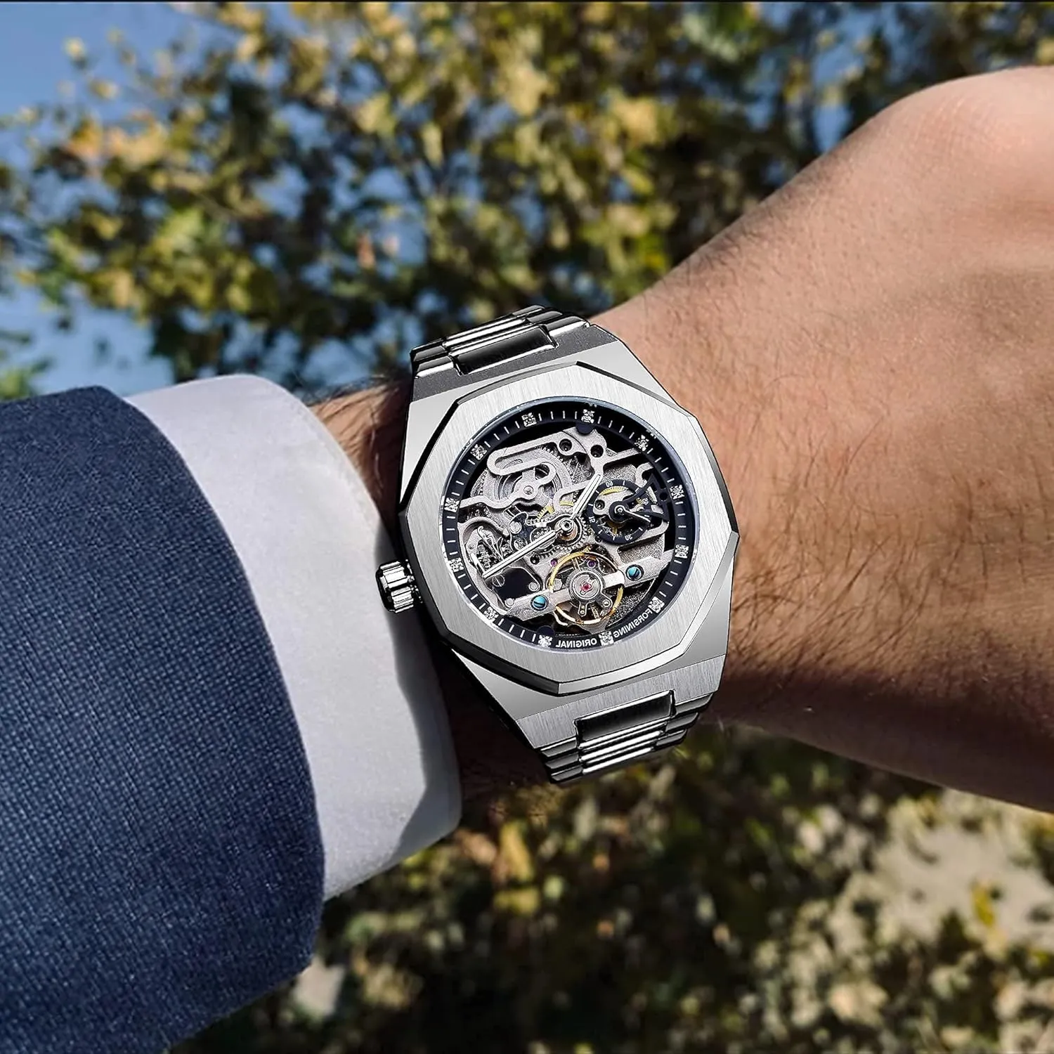 Stainless Steel Waterproof Bracelet Wrist Watch FANMIS Classic Mens Skeleton Automatic dislike Mechanical Watches Luxury Carving Flower Craft Watch with 