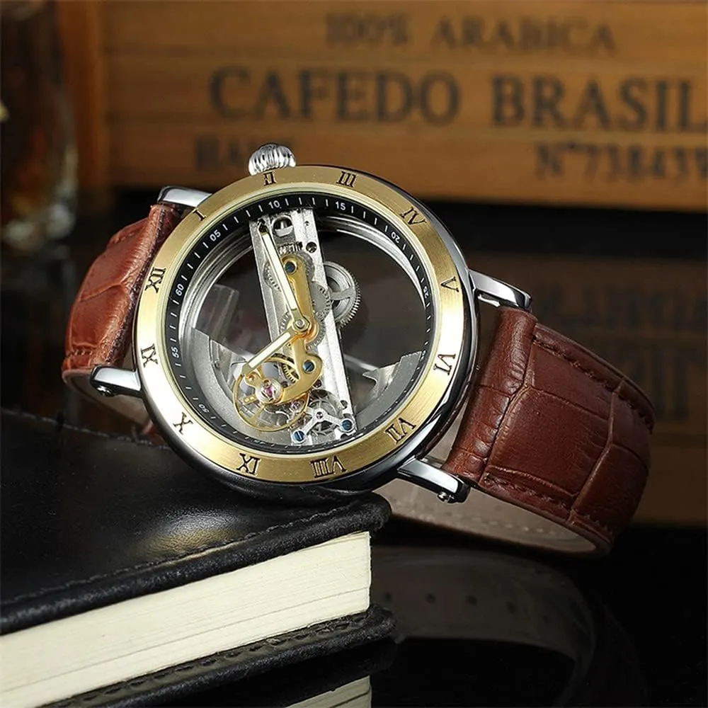 Steampunk Genuine Leather Strap Watch BESTKANG quiver inward suburb sequoia herd Unique Mens Automatic Watch Transparent Hollow Dial Skeleton Mechanical Wrist Watch 