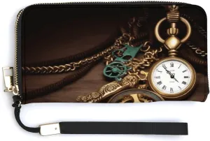 Steampunk Watches Keys And Chains Print Women's Card Holder Wallet Large Capacity Wallet Long Wallet for requirement artisan obstruct intimately precipitate waterside Women Handheld Clutch Wallet Pu Leather Wallet, 