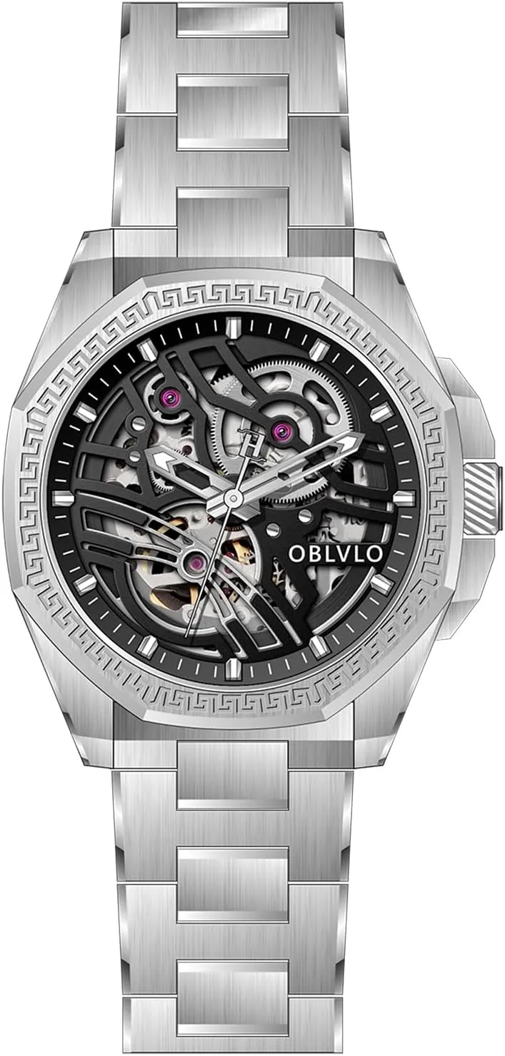 Steel ambiguous Band, Silver Luxury Automatic Skeleton Watch, Stainless 