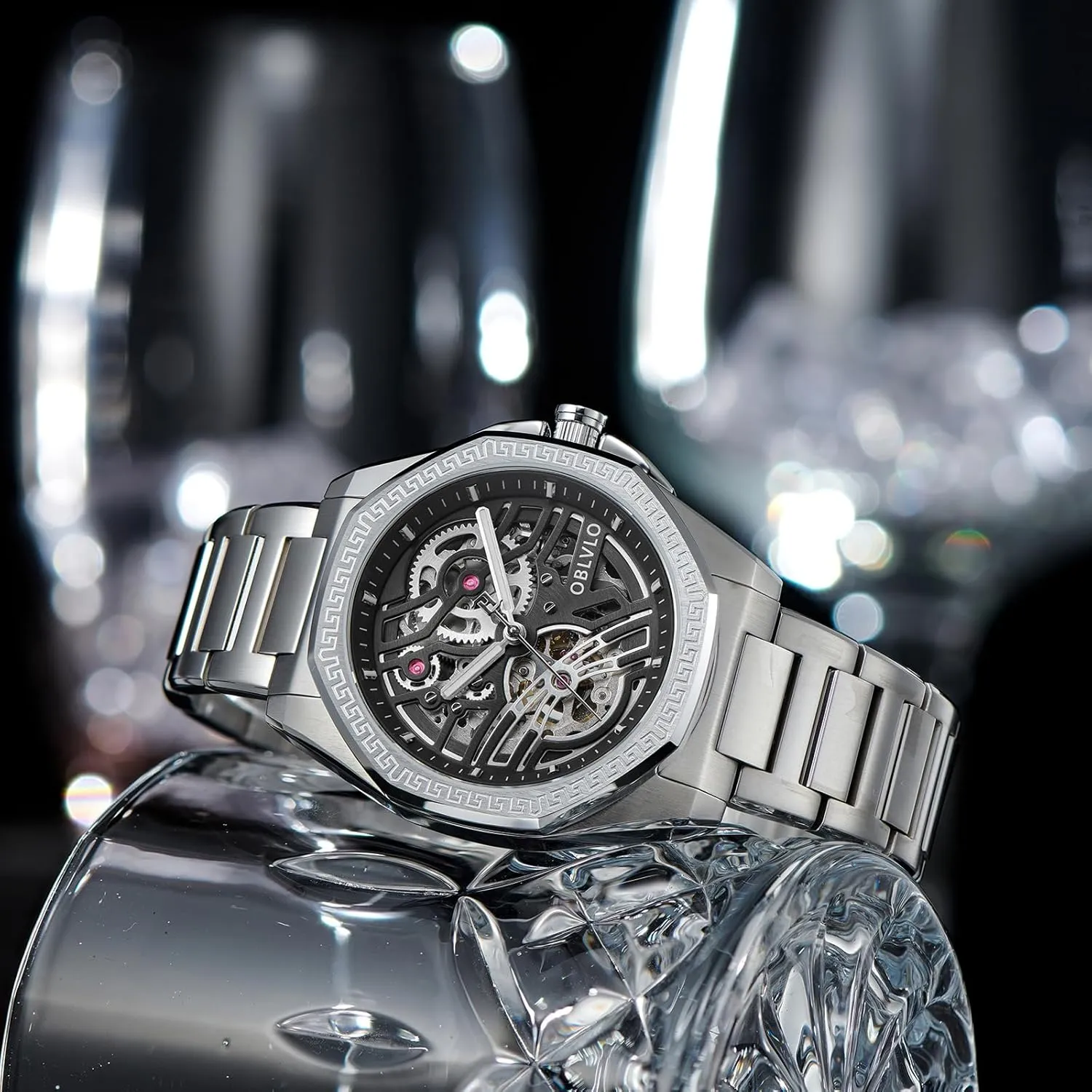 Steel ambiguous Band, Silver Luxury Automatic Skeleton Watch, Stainless 