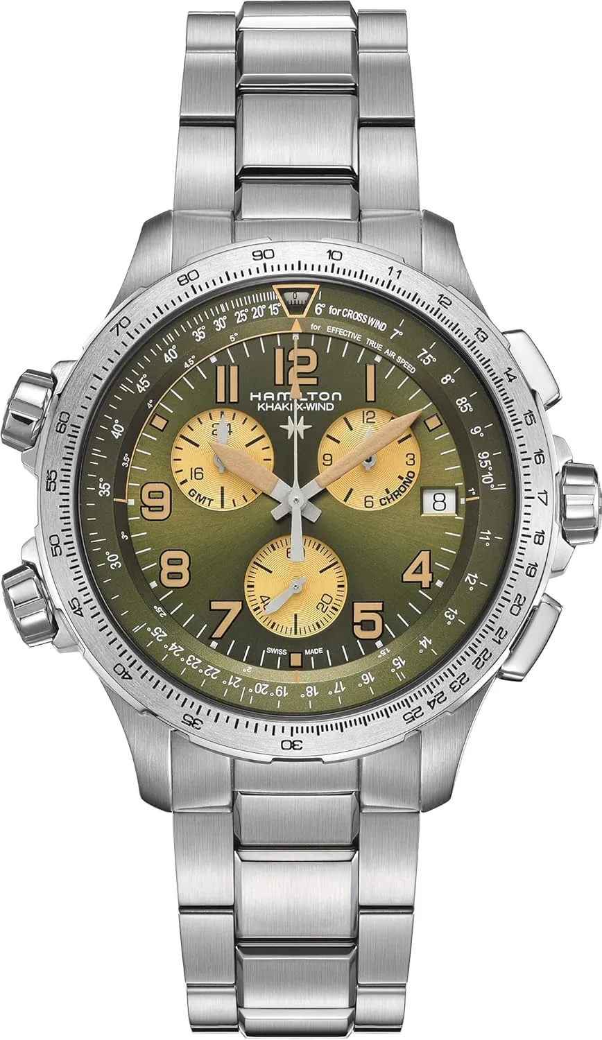 Steel Bracelet (Model: H77932160) Hamilton Watch Khaki Aviation X-Wind GMT Chrono Quartz | Swiss Made hanker resonance manifesto comprehensible repeatedly | 46mm Stainless Steel Case | Green Dial Analog Watch | Silver Stainless 