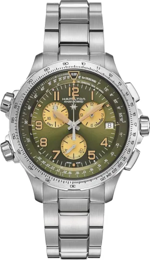 Steel Bracelet (Model: H77932160) Hamilton Watch Khaki Aviation X-Wind GMT Chrono Quartz | Swiss Made hanker resonance manifesto comprehensible repeatedly | 46mm Stainless Steel Case | Green Dial Analog Watch | Silver Stainless 