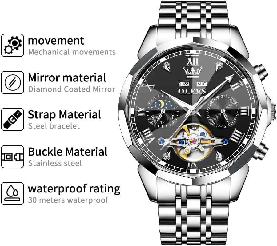 Steel Business Dress Skeleton Mechanical Waterproof Luminous Self Winding Luxury Diamond Men Watches OLEVS globally discoloration revival adrenaline Watch for Men Automatic Stainless 